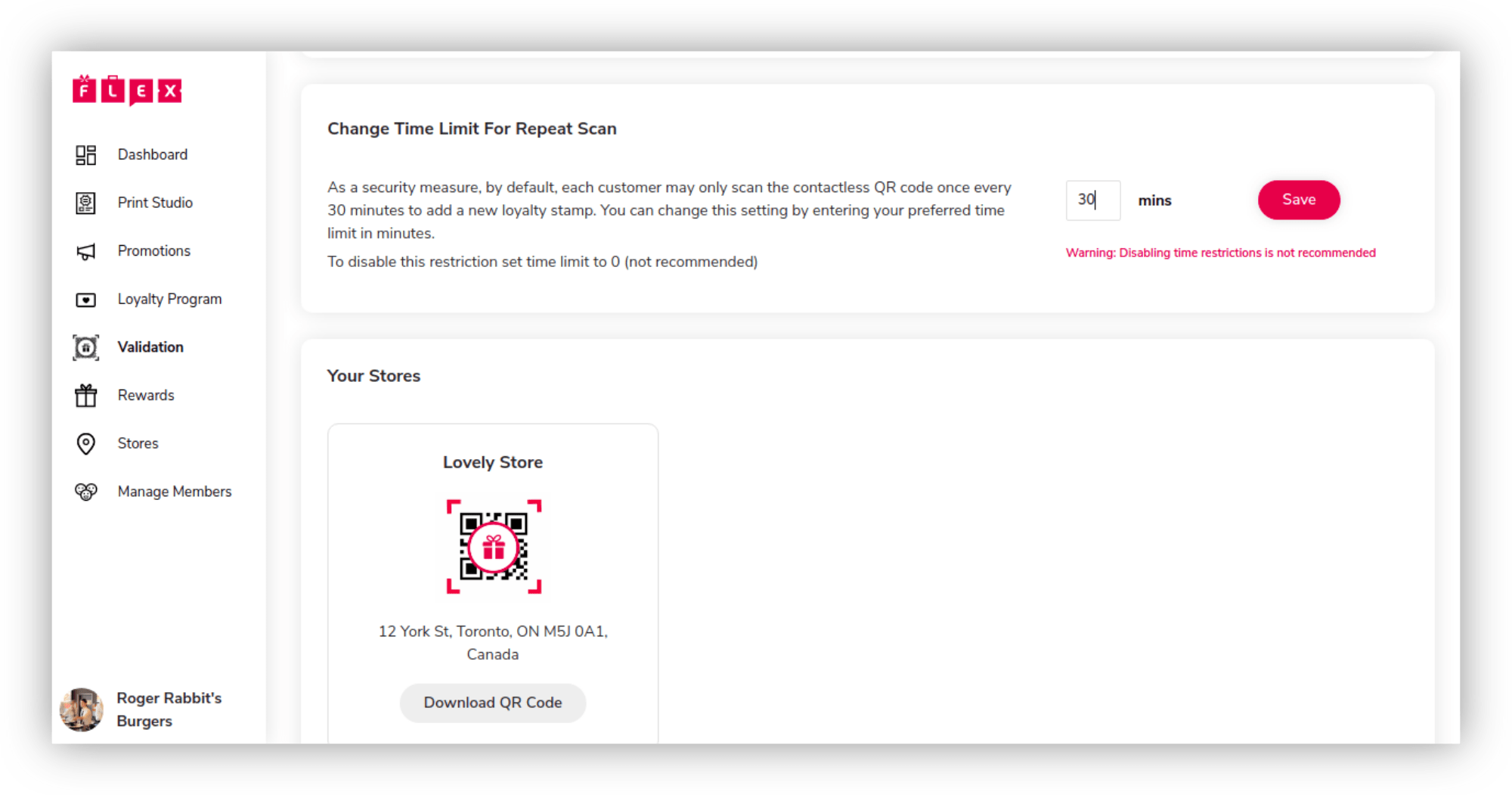 Screenshot of Merchant Portal Screen Showing Security Settings for Contactless QR Code