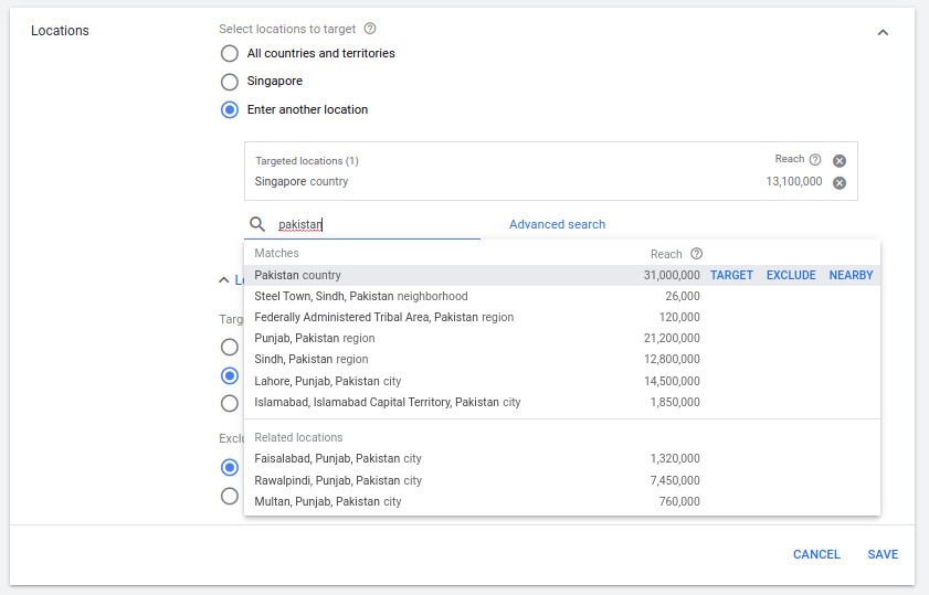 Google Ads Dashboard Location Selection Options