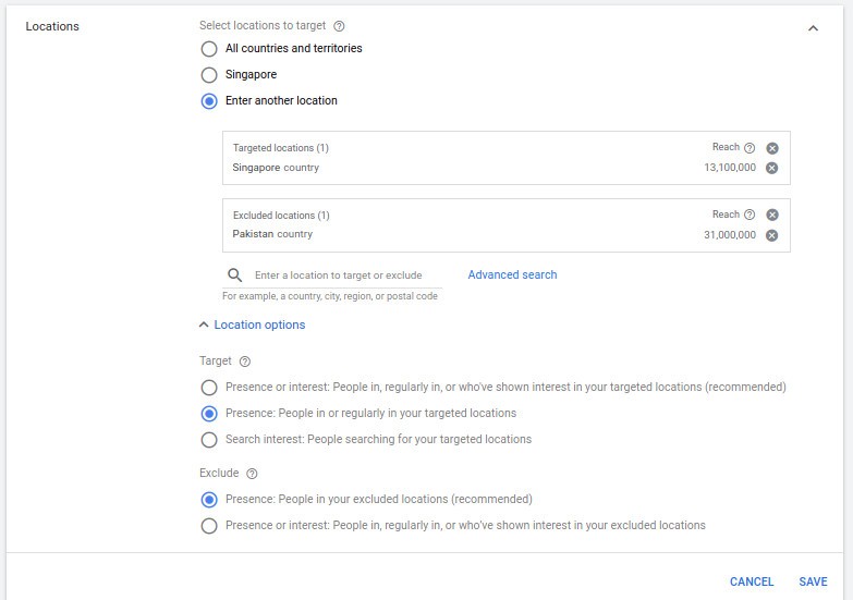 Google Ads Dashboard Location Settings with Option of Presence and Interest